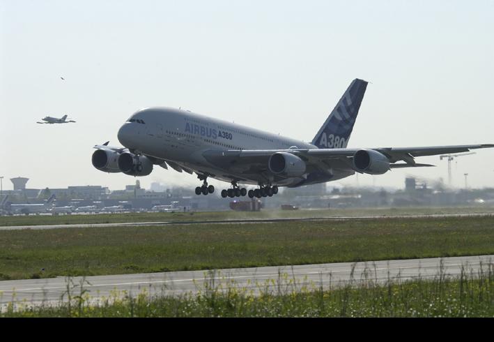 This is the first flight of the A380-800 on runway 14 left