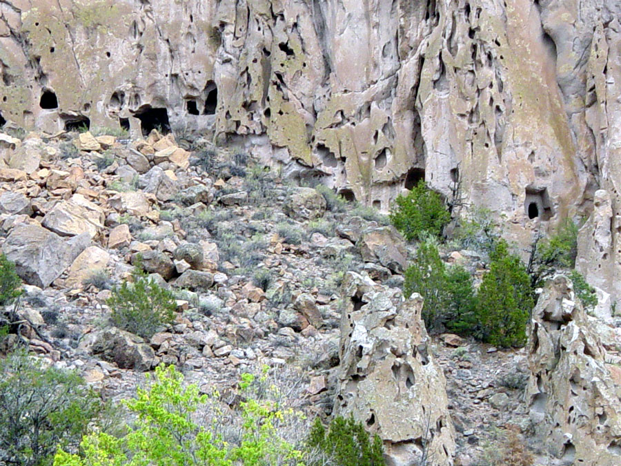 Weather (rain, frost) and water seepage eroded many holes in the soft tuff, creating this