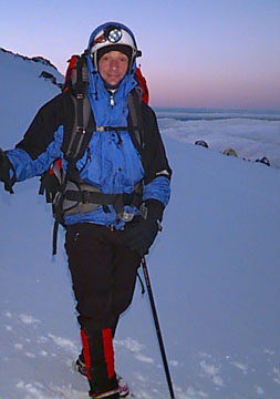 Mountain climber and his equipment..These pictures were shot with a Kodak DC 40 mountain climbing up Mt. Hood in Oregon. The climb was begun at 1 am during and ice and rain storm. By 3 am they were above the clouds at 8,000 ft. The climbers reached the summit, 11,245 ft., around 9 am and returned to base camp by noon. This was an 11 hr. climb.