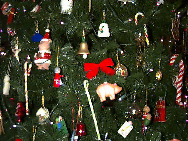 Christmas tree and ornaments close up