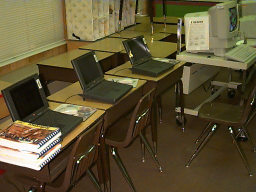 Elementary classroom with computers set up for a special day of instruction.
