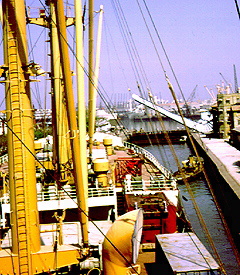 Canal and bridge moving ship at Bombay