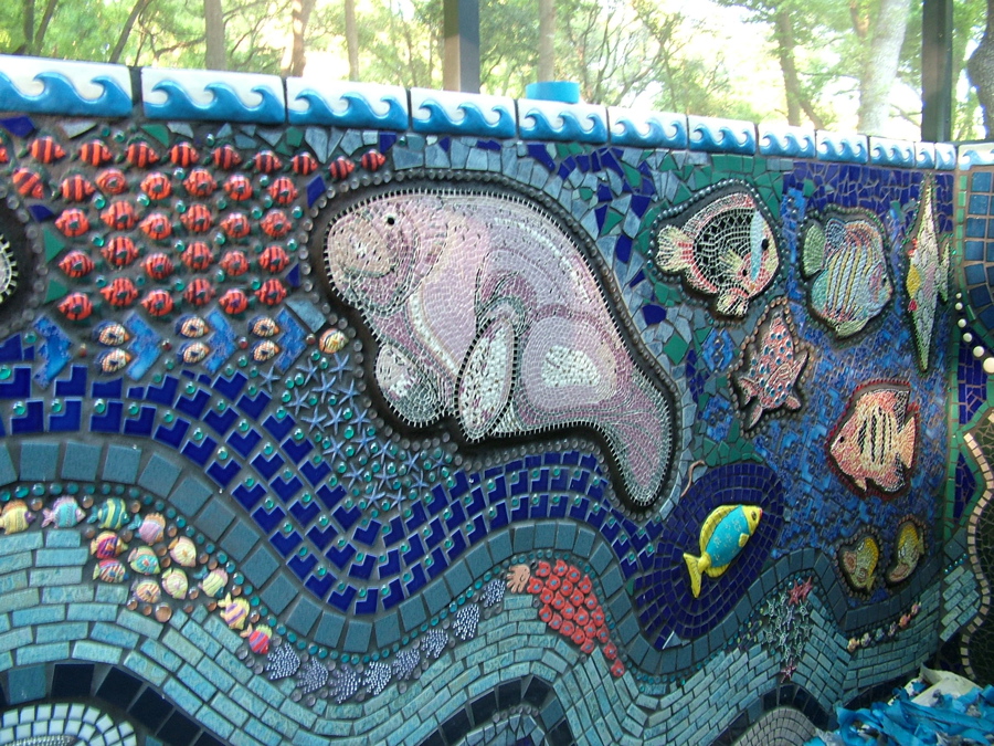 Mosaic wall of an ocean scene with a Manatee.