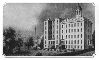 lithograph of the Washington College Hospital where Poe died (now called Church Hospital).