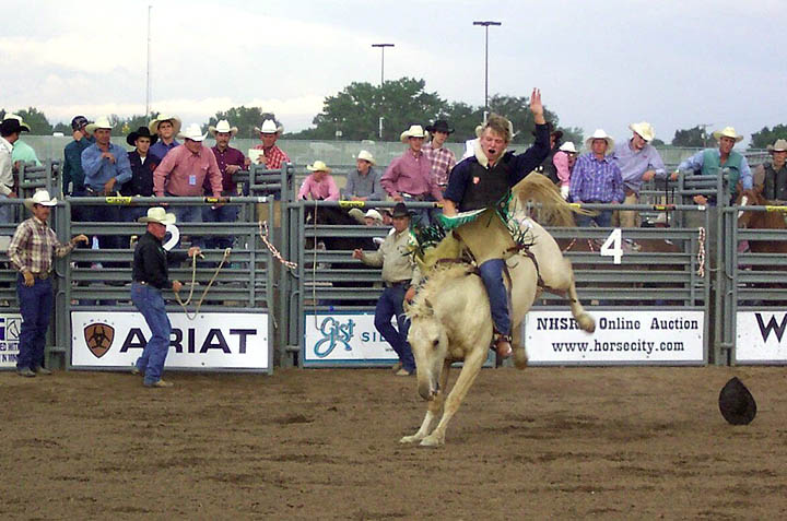 A cowboy tries to stay on the horse in the bareback riding event at the NHSFR.