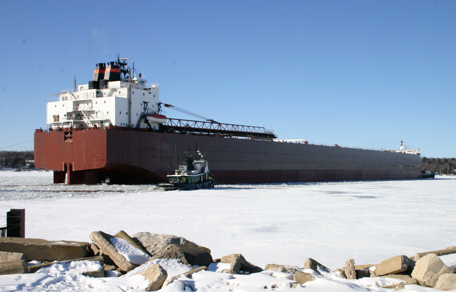 An Iron Ore ship is moved in Sturgeon Bay, Wisonconsin