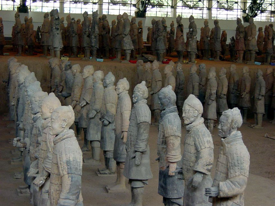 The clay soldiers used to have paint on them, but the paint has faded away over the centuries.