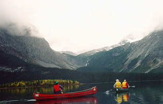 Canoeing on mountain lake