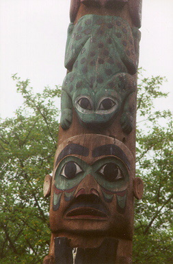 Native American Totem Pole on display in a park in Alaska.