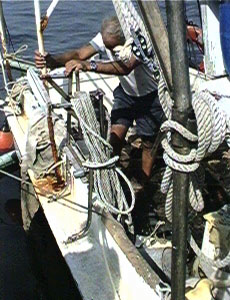 Sponge fisherman stomping water out of sponges on his boat deck