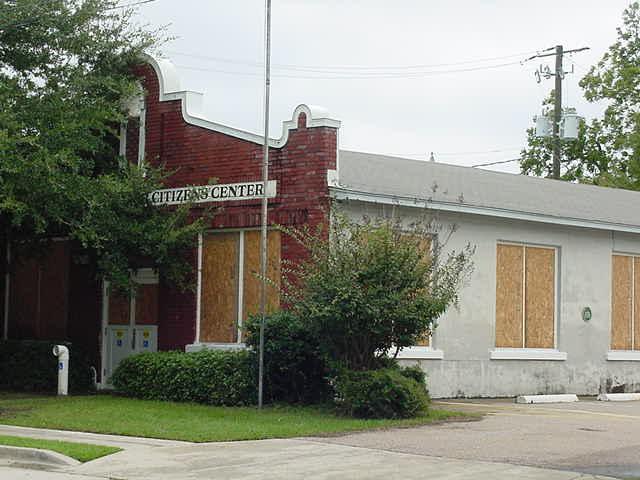 Buildings are boarded up for hurricanes.