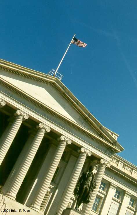 Department of the Treasury with a statue of Alexander Hamilton