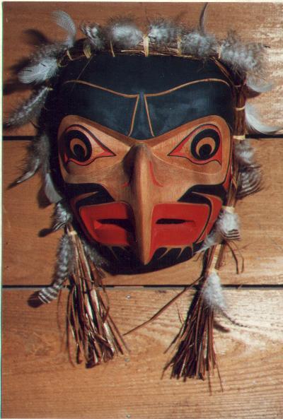 Eagle by Nancy Dawson (Kwakiutl-red cedar, cedar bark, Grouse feathers, paint)